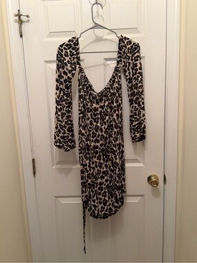 Leopard Print Long Sleeve V-Neck Dress - Beige & Black